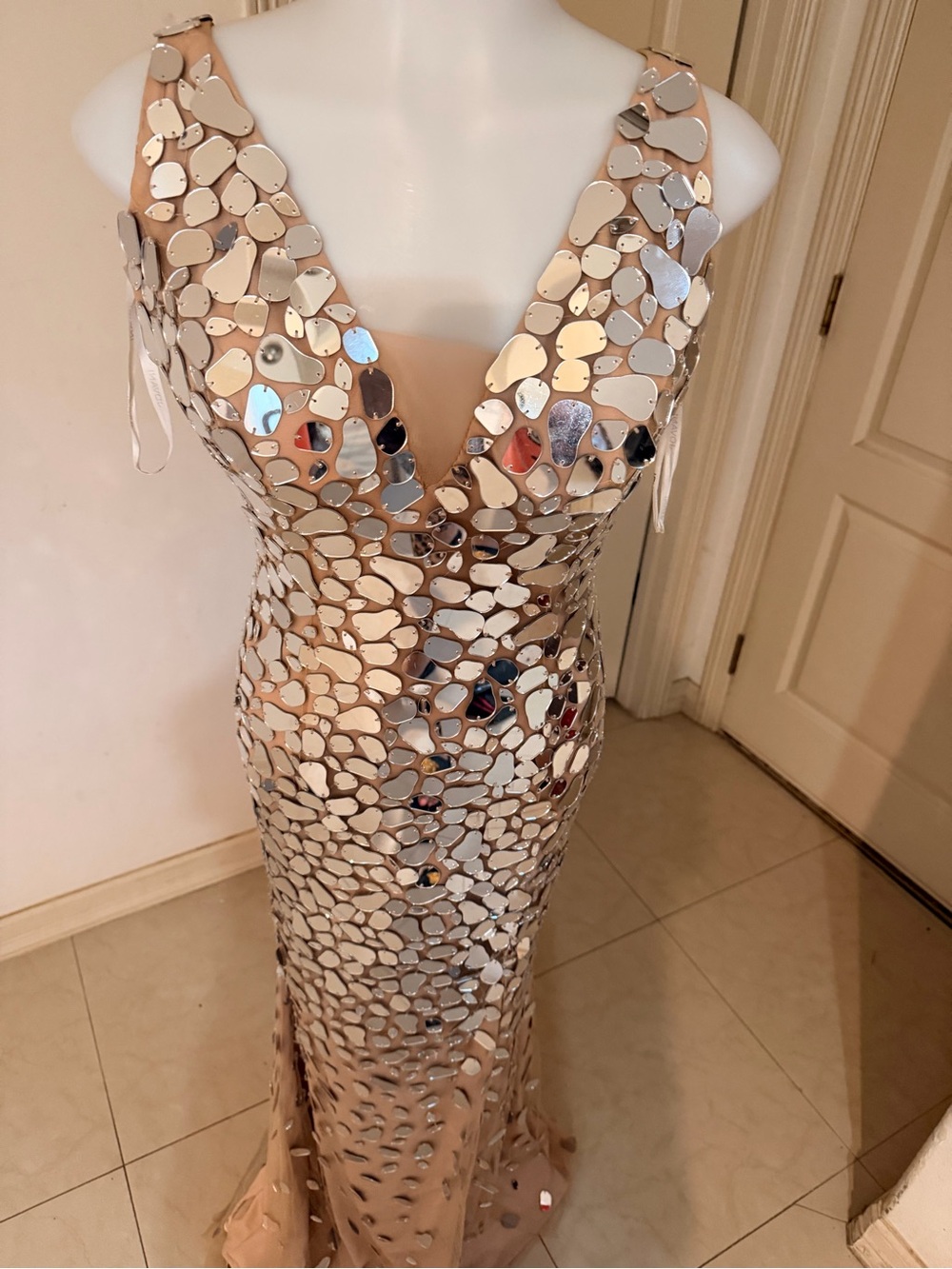 Jovani Nude Maxi Gown with Silver Mirror Petals